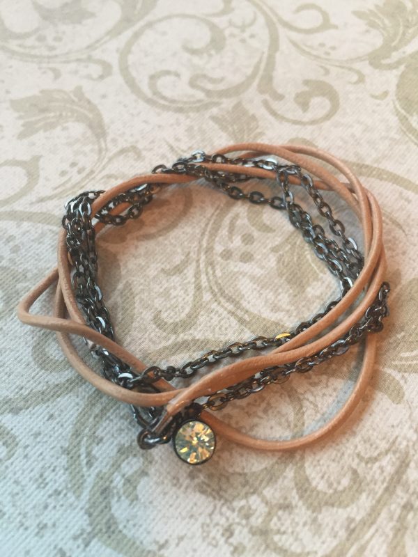 Sarasota Bradenton Tan Leather and Pewter Wrap Bracelet with Charm